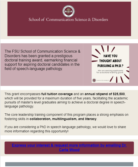 Posting this predoc training grant opportunity for a colleague in FSU's School of Communication Science and Disorders.  If you are interested, please contact Carla Wood (carla.wood@cci.fsu.edu) for more information!