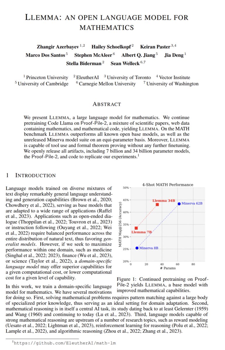 iScienceLuvr's tweet photo. Llemma: An Open Language Model For Mathematics

abs: https://t.co/Rbj2UDk6w6

This paper from @AiEleuther describes an open 7b and 34b LM (continued pretraiming of CodeLlama) and Proof-Pile-2 dataset. The model outperforms all open base models and even Minerva at similar model scales.