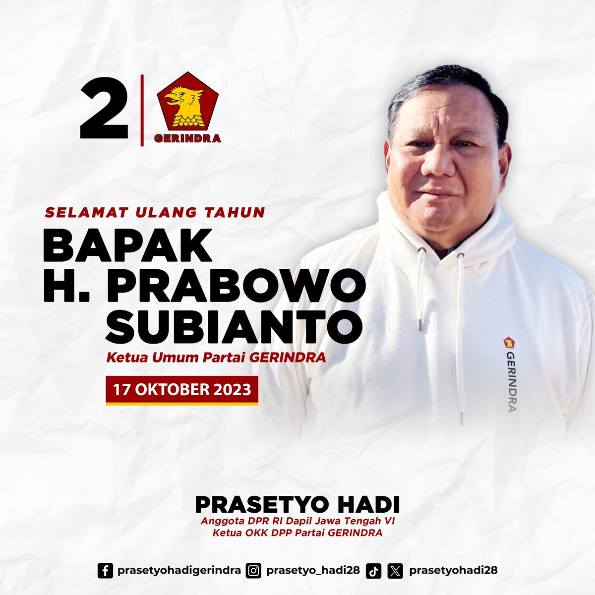 Selamat ulang tahun Bapak <a href="/prabowo/">Prabowo Subianto</a>. Teriring doa dari kami semua semoga Bapak tetap sehat, panjang umur, diberikan keberkahan serta diberikan kemudahan dan kelancaran dalam pengabdian untuk Merah Putih. Aamiin yra. 🤲🏼

#prabowo #prabowosubianto #prabowopresiden2024
