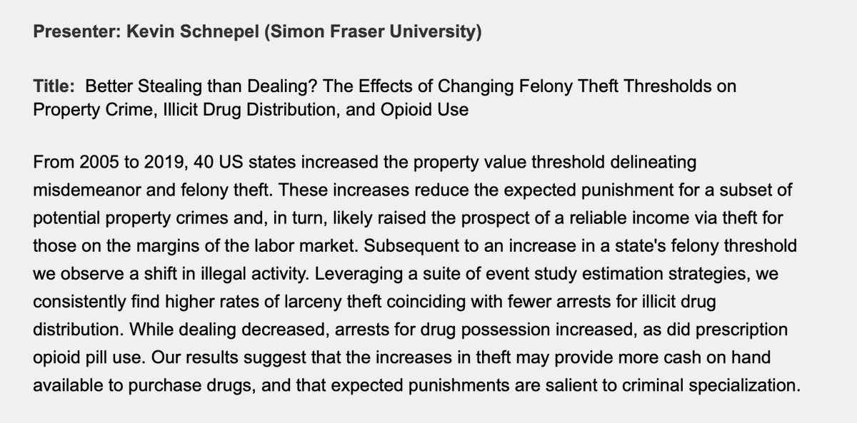 Jennifer Doleac (@jenniferdoleac) on Twitter photo The next ViCE seminar is this Thursday, October 19, at 1pm ET.
<a href="/KSchnepel/">Kevin Schnepel</a> will present: "Better Stealing than Dealing? The Effects of Changing Felony Theft Thresholds on Property Crime, Illicit Drug Distribution, and Opioid Use"
More info: jenniferdoleac.com/vice-seminar/ The next ViCE seminar is this Thursday, October 19, at 1pm ET.
<a href="/KSchnepel/">Kevin Schnepel</a> will present: "Better Stealing than Dealing? The Effects of Changing Felony Theft Thresholds on Property Crime, Illicit Drug Distribution, and Opioid Use"
More info: jenniferdoleac.com/vice-seminar/