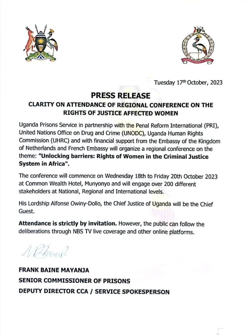 Join us at <a href="/spekeresort/">Speke Resort Munyonyo</a> 
Date: Oct 18-20, 2023,
For: Regional Conference on Women's Rights in the Criminal Justice System. 
Chief Guest: His Lordship <a href="/ac_owinydollo/">Alfonse C. Owiny - Dollo</a>.  
Supported by <a href="/UgandaPrisons/">Uganda Prisons Service</a>, <a href="/PenalReformInt/">Penal Reform International (PRI)</a>, <a href="/UNODC/">UN Office on Drugs & Crime</a> and <a href="/UHRC_UGANDA/">Uganda Human Rights Commission (UHRC)</a>