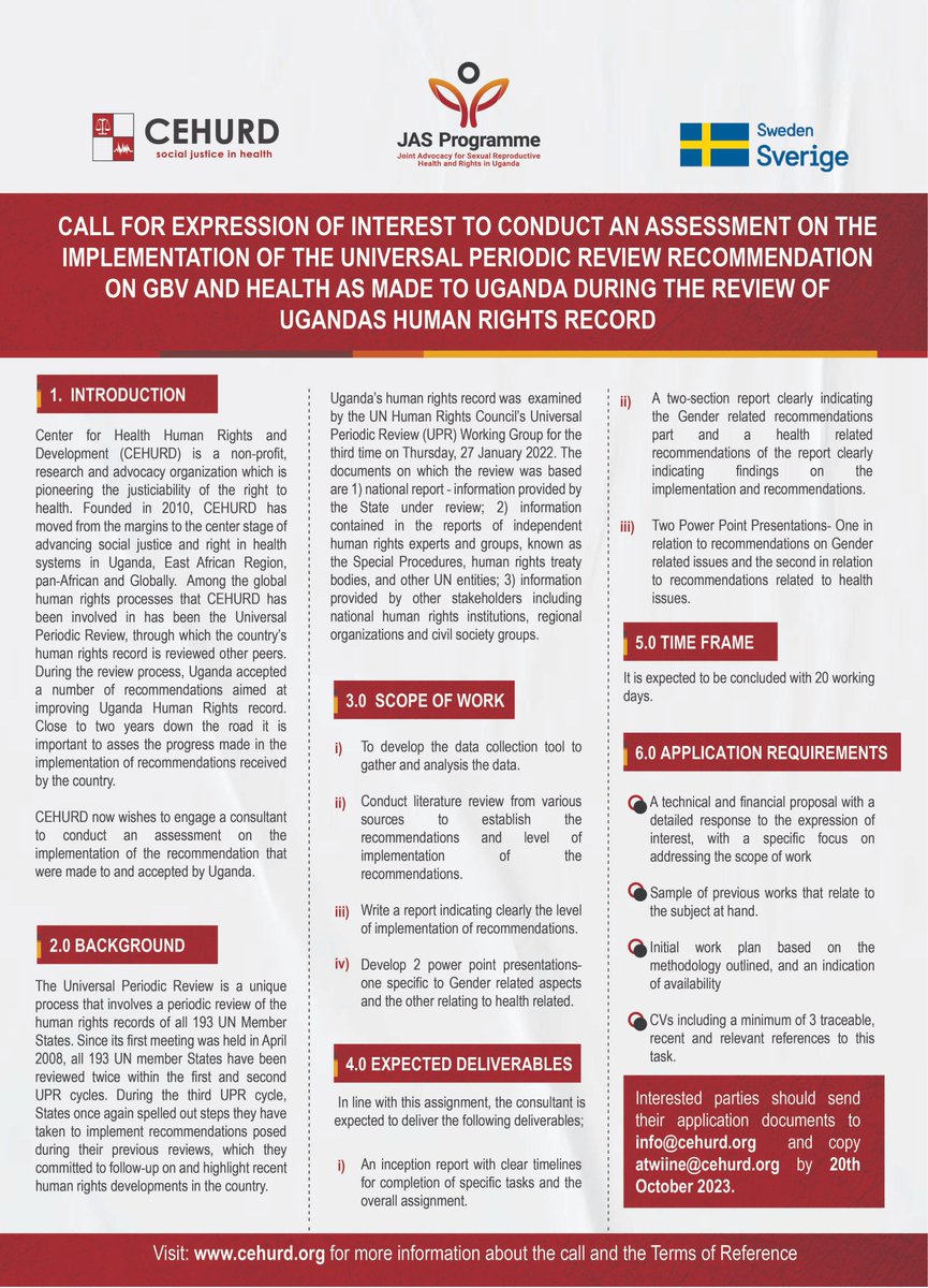 cehurduganda's tweet photo. CEHURD is looking for a consultant to assess the implementation of Universal Periodic Review recommendations on Health and GBV in Uganda. Check out the details and express your interest here Β» https://t.co/4uP2AAlUgc
#UPR40 #UGUPR2022 https://t.co/8k6DoFKfzk