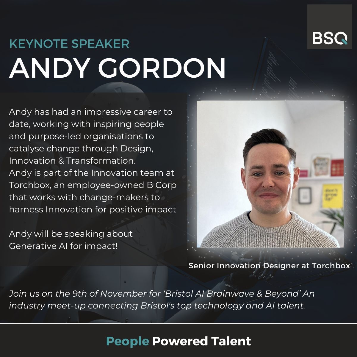 Andy Gordon is the 2nd keynote speaker at the 'Bristol AI Brainwave &amp; Beyond' meetup. He's from the innovation team at @Torchbox, helping clients innovate with AI. Join us on 9th Nov at Torchbox, Bristol, 6:30 PM for Andy's talk on Generative AI. RSVP: 
meetup.com/bristol-ai-bra…
