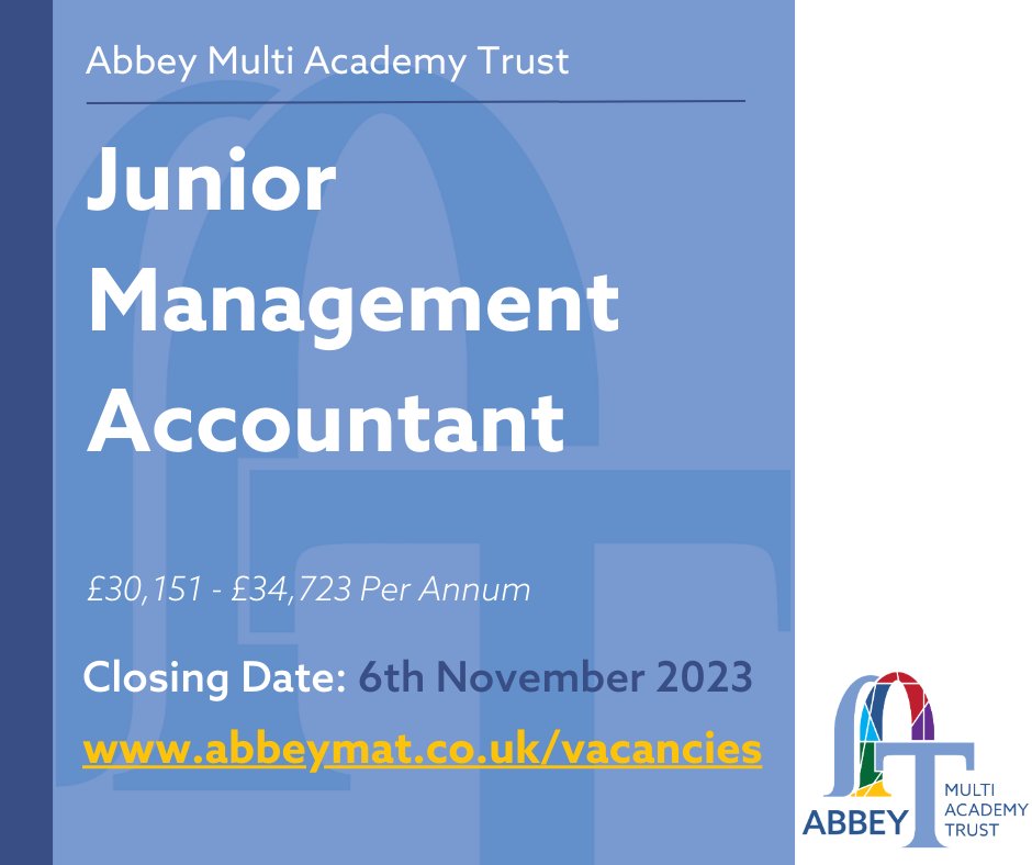 VACANCY - Junior Management Accountant - ideal opportunity for ATT part qualified/recently qualified & seeking to join an established finance team. Reporting to our Business and Finance Manager, with on the job training provided. Apply online: abbeymat.co.uk/vacancies