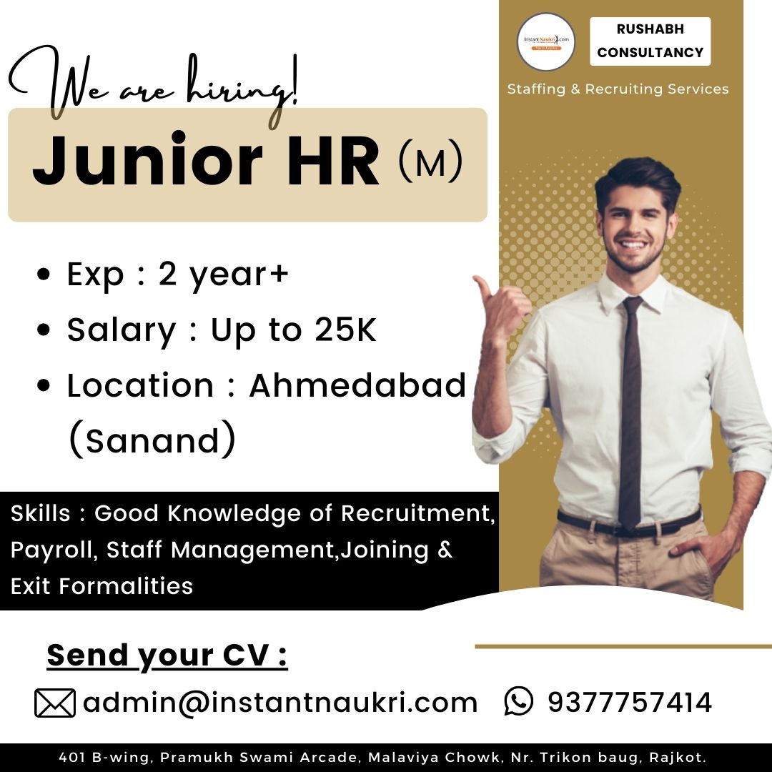 ℍ𝕚𝕣𝕚𝕟𝕘 𝕒𝕝𝕖𝕣𝕥 ❕❕

We are hiring :

Junior HR

✔️ Exp : 2 Year+
✔️ Salary : Up to 25K
✔️ Location : Ahmedabad 

--> 𝐌𝐚𝐢𝐥 𝐲𝐨𝐮𝐫 𝐜𝐯 :

📧 admin@instantnaukri.com
📞 Call on : 9377757414

#hr #executive #it #jobs #jobshare #rajkot #rajkotjobs #hiring