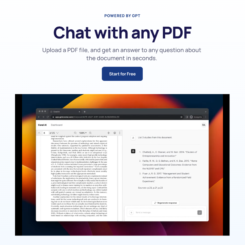 rajyaatluri's tweet photo. Coral AI is one of the best productivity tools I've used for research. 

You simply upload a PDF file, and it will answer any question about the document. 

It's like ChatGPT, but built for researchers. 

The best part? It's free.