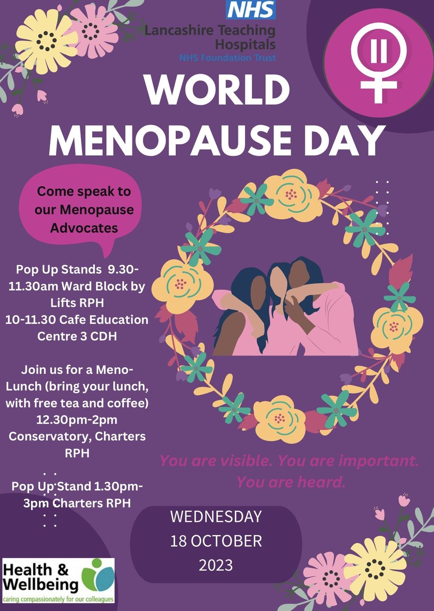 We have stands across Preston and Chorley hospitals on #WorldMenopauseDay tomorrow. 

Come and speak to our #Menopause advocates for advice and support. 

Help is available not only for your own health but also to learn how better to support colleagues experiencing the menopause.