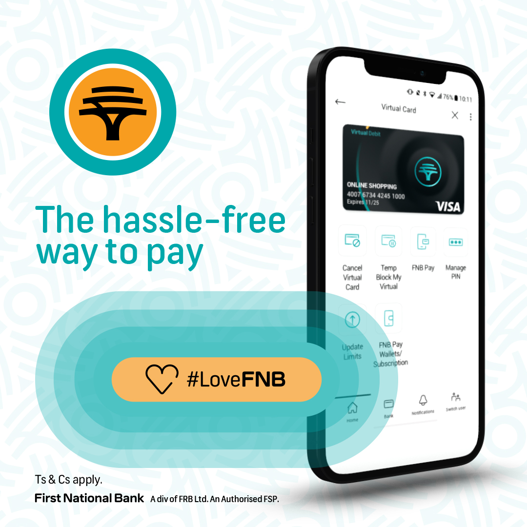 Enjoy a hassle-free way to pay by creating your FNB Virtual Card on the FNB App so you can tap to pay, scan to pay &amp; make online purchases.

𝗥𝗲𝗽𝗹𝘆 using #LoveFNB &amp; tell us what  you will be using your FNB Virtual Card for &amp; you could win an eWaa up to the value of R1k.
