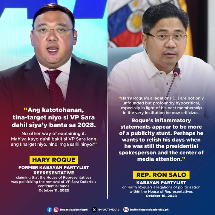 iMPACTPH2019's tweet photo. 'NOT ONLY UNFOUNDED BUT PROFOUNDLY HYPOCRITICAL'

Kabayan Partylist Rep. Ron Salo criticizes his former fellow nominee and representative, Harry Roque, for asserting that the House is politicizing the removal of VP Sara Duterte's confidential funds.

#BantayBudget2024 https://t.co/QMaPiMV6qc
