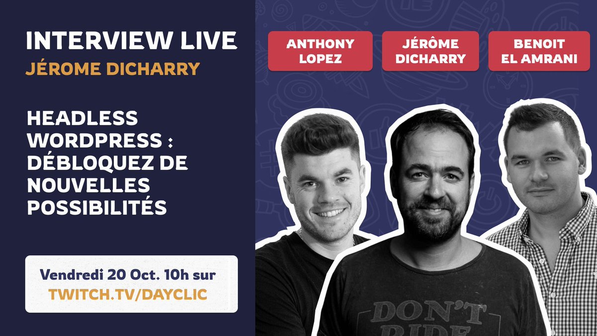 Pickbeam's tweet image. Nouvelle interview en vue ! 💥

Cette semaine nous accueillons Jérôme Dicharry pour discuter de l'utilisation de Wordpress en mode Headless !

Un retour d'expérience de Jérôme qu'on attend avec impatience.

📅 Retrouves-nous en live sur twitch ce vendredi 20 octobre dès 10h.