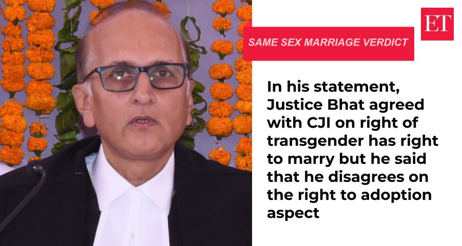 EconomicTimes's tweet photo. #JusticeBhat agrees on right to #marry, disagrees on right to #adoption. #LGBTQIA #SupremeCourtofIndia 

🔴🏳️‍🌈 #SameSexMarriage Live News Updates:  https://t.co/4sLIvWMYO1 🗞️ https://t.co/HUWUrpf93D