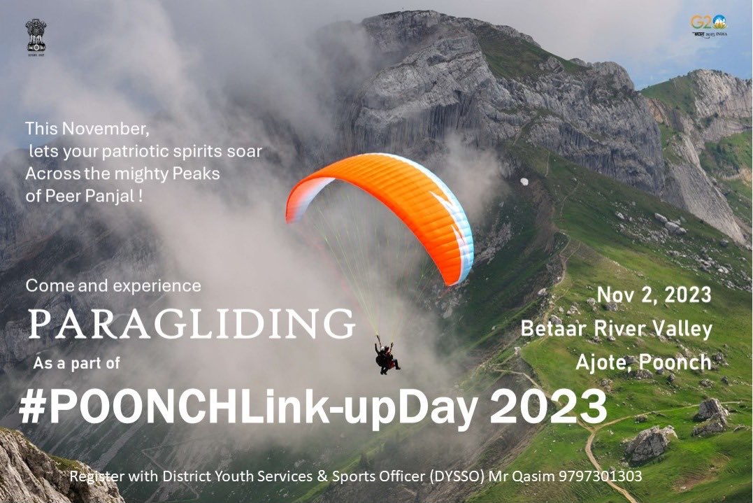 #Poonch Experience the thrills of Paragliding over the peaks of Pir Panjal ! Happening for the first time ever, Join us on Nov 2 at Betaar River Valley, Ajote. #PoonchLinkupDay