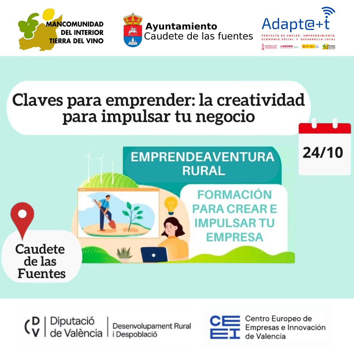 🔅Inscríbete ya en el Programa EmprendeAventura Rural y fórmate para emprender tu proyecto empresarial en el ámbito #rural Ven al Taller en🧩 #CaudeteDeLasFuentes⬇️ 📅El 24 de octubre 🕙De 10h. a 13h. 📍Bodegas Iranzo en C/Madrid, 60 📲Inscripciones👇 ceeivalencia.emprenemjunts.es/?op=14&n=22287