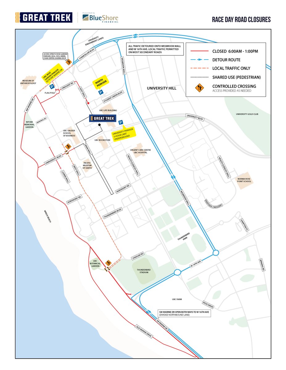 TOMORROW (October 28), Great Trek will take place on UBC Vancouver campus. To support the course of this event, some significant road closures will be in place from 7AM - 1PM. Please budget additional time to travel on campus.  

For more info: bit.ly/45BLR0C