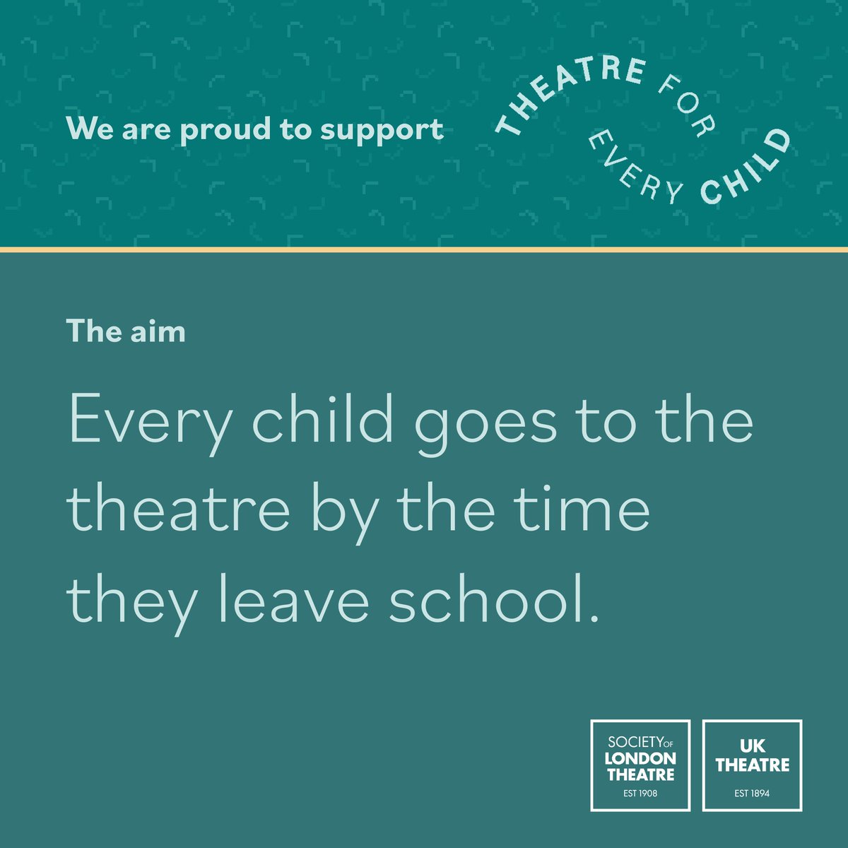 We're proud to support #TheatreForEveryChild, a new campaign led by <a href="/SOLTnews/">Society of London Theatre</a> &amp; <a href="/uk_theatre/">UK Theatre</a>, as we believe every child has the right to experience and enjoy our country’s culture and world-leading theatre.

Find out more at TheatreForEveryChild.org