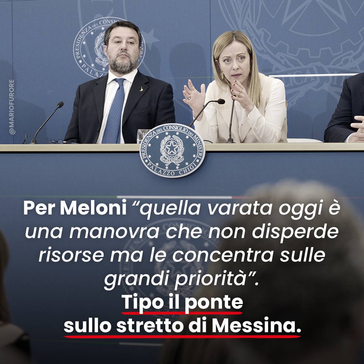 Non la #sanità, non la #scuola, non il #lavoro o il #carobollette. 
La priorità per il #GovernoMeloni è il #pontesullostretto di #Messina.
#GovernoDellaVergogna

⬇️  Leggi di più: urly.it/3xw5k