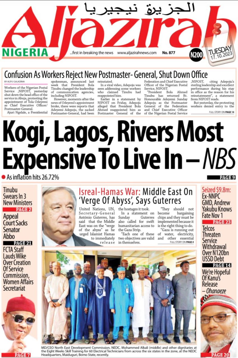 tolaogunnubi's tweet photo. #Headlines #Newspapers #Frontpages #BreakingNews #Nigerians #At38 #MoyoLawal #Igbos #Obidients #IsraelGazaWar #AlexOtti #ElishaAbbo #EndSARS #Tinubu #Akpabio #Kano #Naira #Rain #PeterObi #Atiku #Abuja #Lagos https://t.co/v1r6KuU5KB