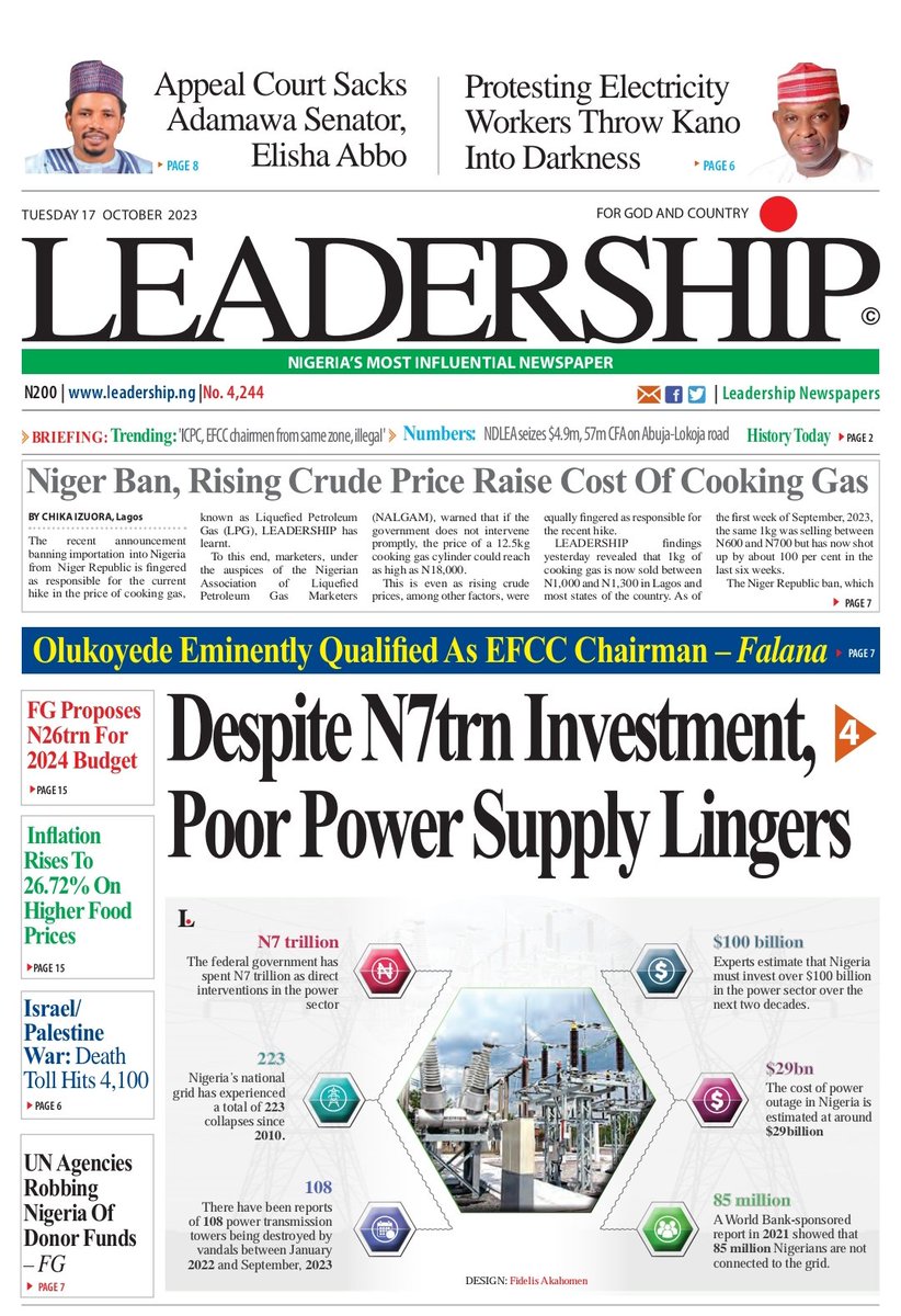 tolaogunnubi's tweet photo. #Headlines #Newspapers #Frontpages #BreakingNews #Nigerians #At38 #MoyoLawal #Igbos #Obidients #IsraelGazaWar #AlexOtti #ElishaAbbo #EndSARS #Tinubu #Akpabio #Kano #Naira #Rain #PeterObi #Atiku #Abuja #Lagos https://t.co/v1r6KuU5KB