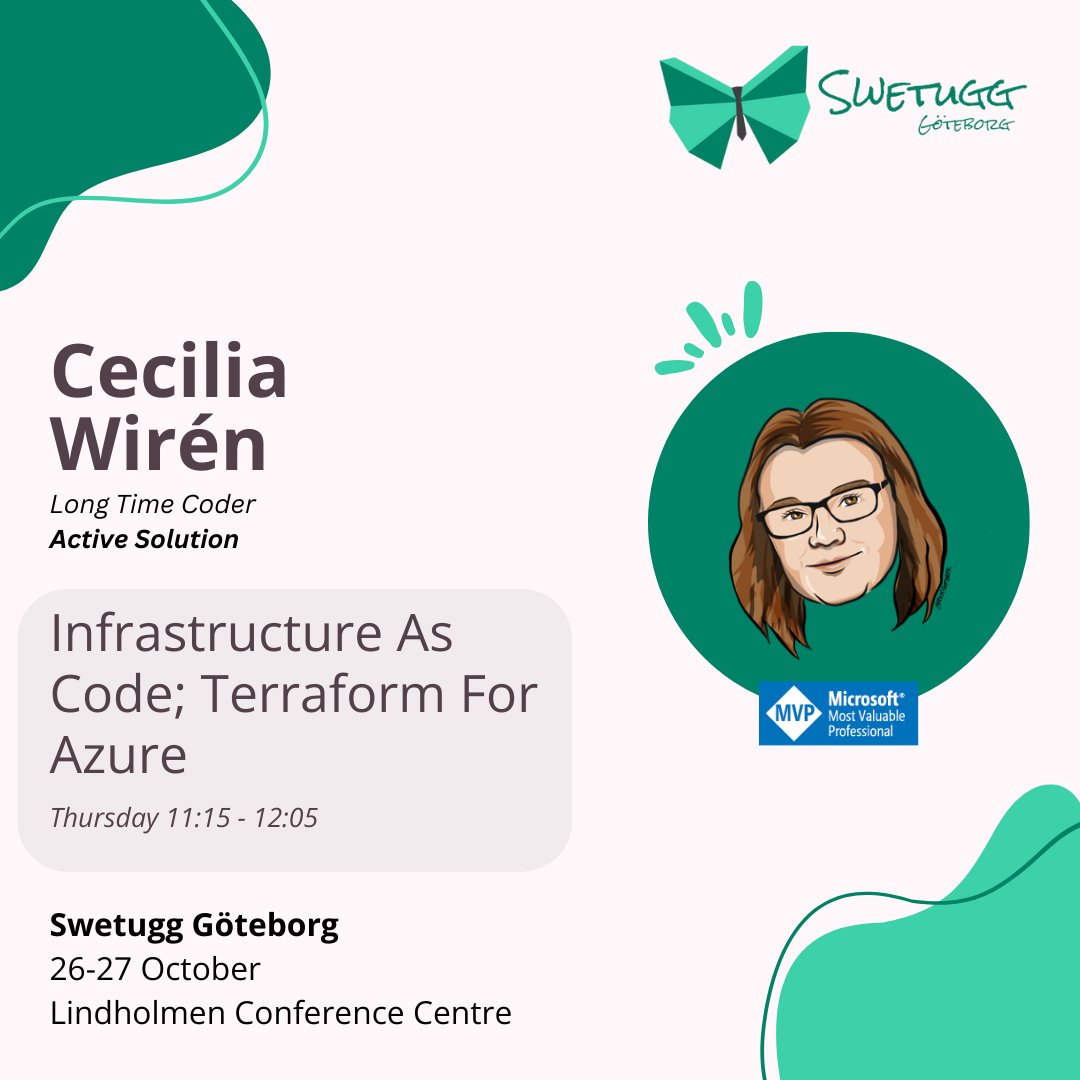 swetugg (@swetugg) on Twitter photo Join <a href="/CeciliaSHARP/">Cecilia Wirén</a> at Swetugg Göteborg on Oct 26-27! Discover the power of Infrastructure as Code with Terraform for Azure. Learn how to control your cloud environment, write HCL, provision resources, and implement best practices. Don't miss out!
swetugg.se/gbg-2023/speak… Join <a href="/CeciliaSHARP/">Cecilia Wirén</a> at Swetugg Göteborg on Oct 26-27! Discover the power of Infrastructure as Code with Terraform for Azure. Learn how to control your cloud environment, write HCL, provision resources, and implement best practices. Don't miss out!
swetugg.se/gbg-2023/speak…