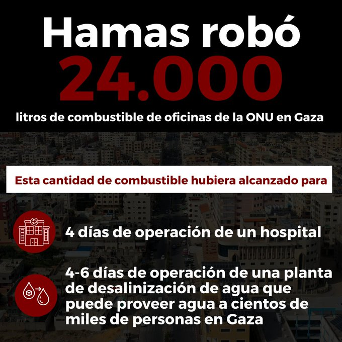 IsraelinSpain's tweet photo. #Hamas se robó 24.000 litros de combustible que estaba en oficinas de la ONU en #Gaza.  
El combustible podía haber servido para días de funcionamiento de un hospital o de plantas desalinizadoras para dar agua a los residentes de Gaza.  
Como lleva años haciendo, Hamas roba los recursos del pueblo palestino para alimentar su maquinaria terrorista.

#DíaInternacionalparalaErradicacióndelaPobreza