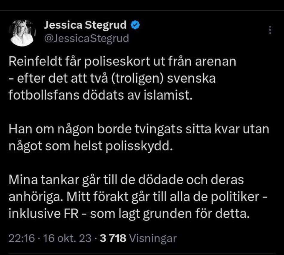 ars_gravitatis's tweet photo. Fascismen talar. Fascismen och islamismen är grannar. SD drev på koranbränningarna och utsatte både NATO-processen och landets medborgare för fara. I stället för att ta ansvar för egna politiken önskar hon att Reinfeldt ska vara otrygg under terrordåd. Hon borde vara paria nu. https://t.co/cuTiuj9qzs