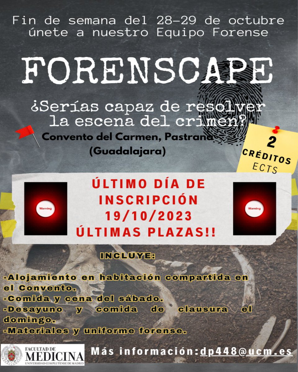 LAOF_EML's tweet photo. 🚨 Apúntate a nuestro #roleplay y se CSI durante un fin de semana! Reserva tu plaza en https://t.co/xIOKg9xfu9…Envía un mail a dp448@ucm.es para más información. ¡¡Te esperamos!! 📷📷
@laof
.eml #scaperoom #roleplay #forensicscience #csi #universidadcomplutense https://t.co/7F6cxq85ZG