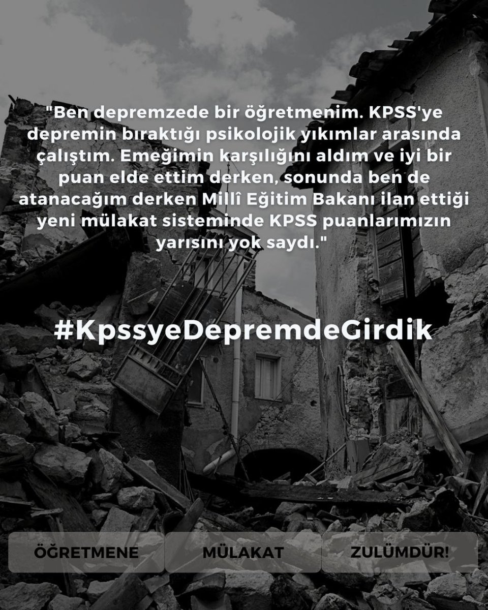 Bunca sıkıntıya katlanmış öğretmenleri bir de mülakata sokarak emeklerini ziyan etmeyin. 

<a href="/RTErdogan/">Recep Tayyip Erdoğan</a>
<a href="/Yusuf__Tekin/">Yusuf Tekin</a>
<a href="/tcmeb/">Millî Eğitim Bakanlığı</a> 
#KpssyeDepremdeGirdik