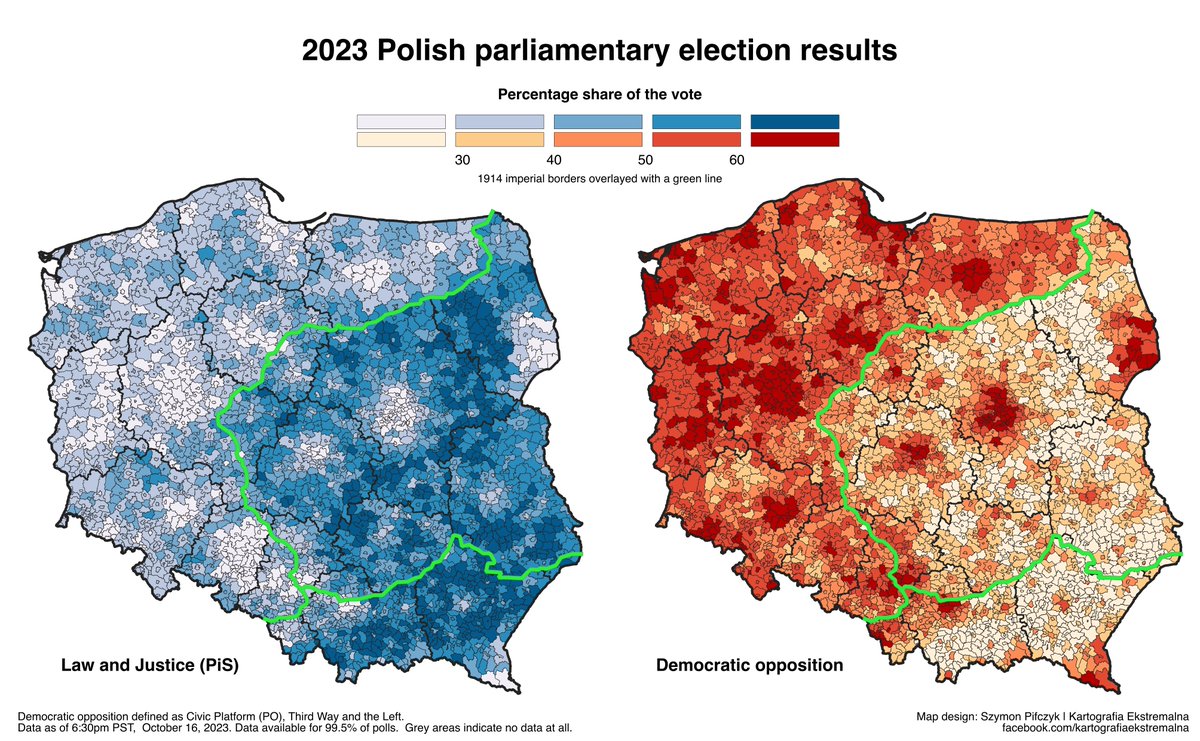 It's 2023, 109 years after WW1 started, yet the pre-WW1 imperial borders are still visible on the election map of Poland - and on many others, for that matter. 

A thread 🧵🧵🧵-->