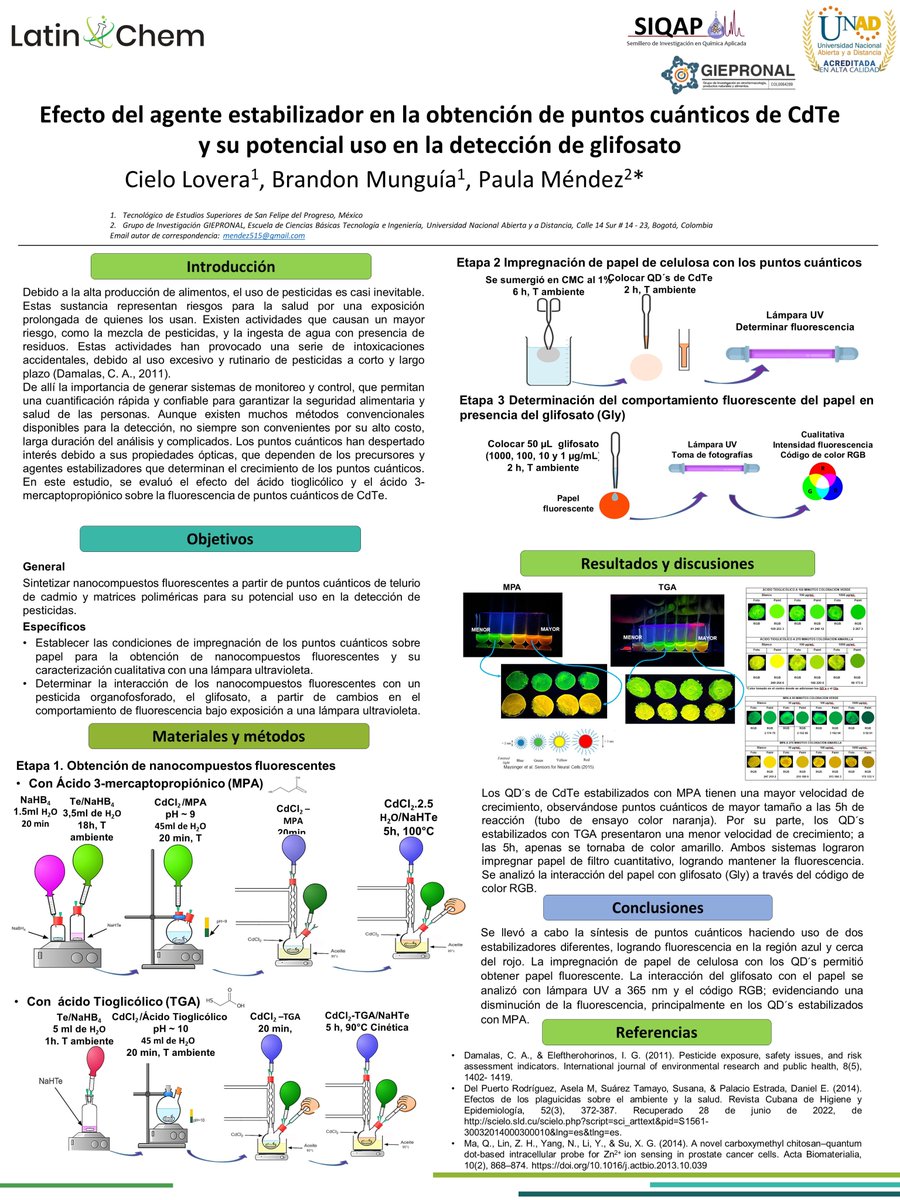 👩‍🔬“Hi <a href="/LatinXChem/">LatinXChem</a>, presenting my work ‘Efecto del agente estabilizador en la obtención de puntos cuánticos de CdTe y su potencial uso en la detección de glifosato’ at #LatinXChem23 #LatinXChemNanoMat  #NanoMat011 <a href="/UNADinvestiga/">Investigacion UNAD</a> <a href="/UniversidadUNAD/">Universidad UNAD</a> #quantumdots #fluorescence"