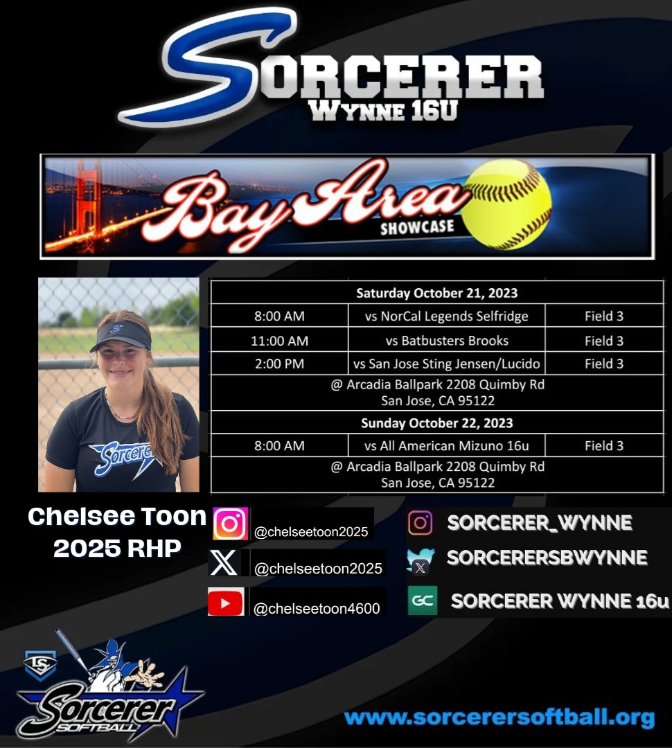 Headed to the Bay Area Showcase this weekend! Hope to see you there!
<a href="/ACU_Softball/">ACU Softball</a> <a href="/SMUSaints_SB/">Saint Martin's Softball</a> <a href="/UtahTech_SB/">Utah Tech Softball</a> <a href="/Nevada_Softball/">Nevada Softball</a> <a href="/UNC_BearsSB/">UNC Bears Softball</a> <a href="/UTAMavsSB/">UTA Softball</a> <a href="/ucdavissoftball/">UC Davis Softball</a> <a href="/ETSUSoftball/">ETSU Softball</a> @GoJacksSB <a href="/SDCoyotesSB/">South Dakota Softball</a> <a href="/CalPolySoftball/">Cal Poly Softball</a> <a href="/AppStateSB/">App State Softball</a> <a href="/GoMocsSB/">Chattanooga Softball</a>  <a href="/CycloneSB/">Iowa State Softball</a>