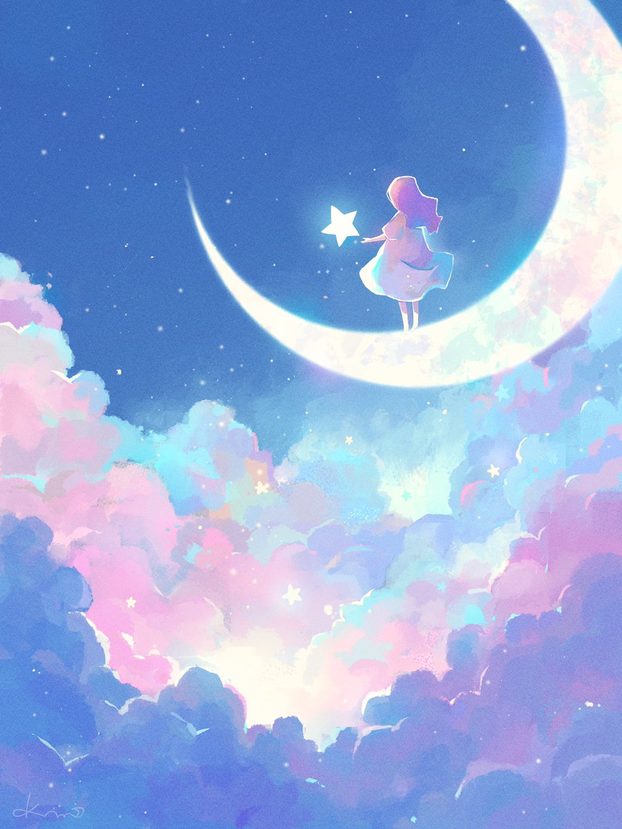 1girl solo sky cloud moon crescent moon star (sky)  illustration images