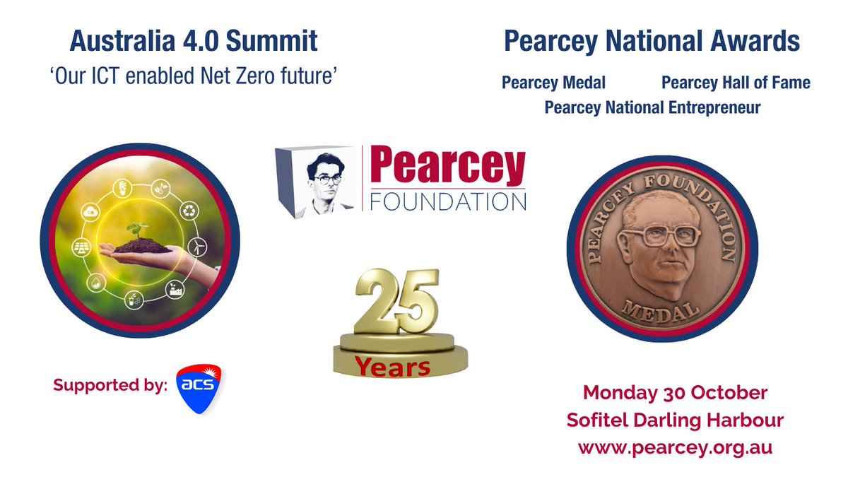 Pearcey_org's tweet photo. On Monday 30 October, the Australia 4.0 Summit will continue to explore the challenges &amp; opportunities for the ICT and digital sector as we move towards Net Zero. 
Why not make a day of it and join the 2023 Pearcey National Awards Gala later that evening! https://t.co/e7WTy0ysBx https://t.co/ISVgM73fDH