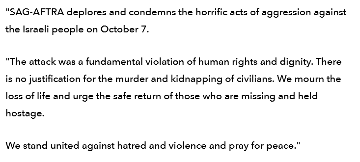 SunjeevBery's tweet photo. I am deeply disappointed by the @SAGAFTRA union statement on Israel.

Hamas atrocities are to be condemned, but this statement makes no mention of the Israeli government's genocidal actions in Gaza. 

https://t.co/ArqEhnC2rd https://t.co/9eBhTXZcGz