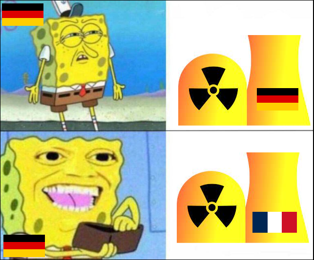 Germany energy policy is crazy.

Germany destroyed their own nuclear power plants, shutting down 17 nuclear power plants since 2011. Then they buy power from France, which is 2/3 nuclear.

Germany also can't buy natural gas via pipeline from Russia. Instead they import it via LNG