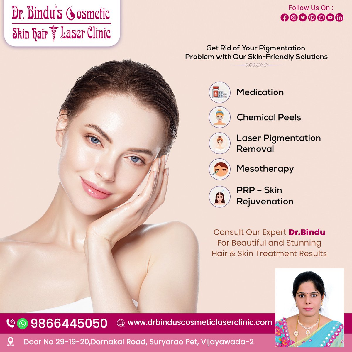 Get Rid of Your Pigmentation Problem with Our Skin-Friendly Solutions!

#binduclinic #laserclinic #binduclinicinvijayawada #binducosmeticlasercliinic #medication #chemicalpeels #laserpigmentremoval #mesotherapy #prpskin #laserclinic #ageless #antiaging #antiagingskincare