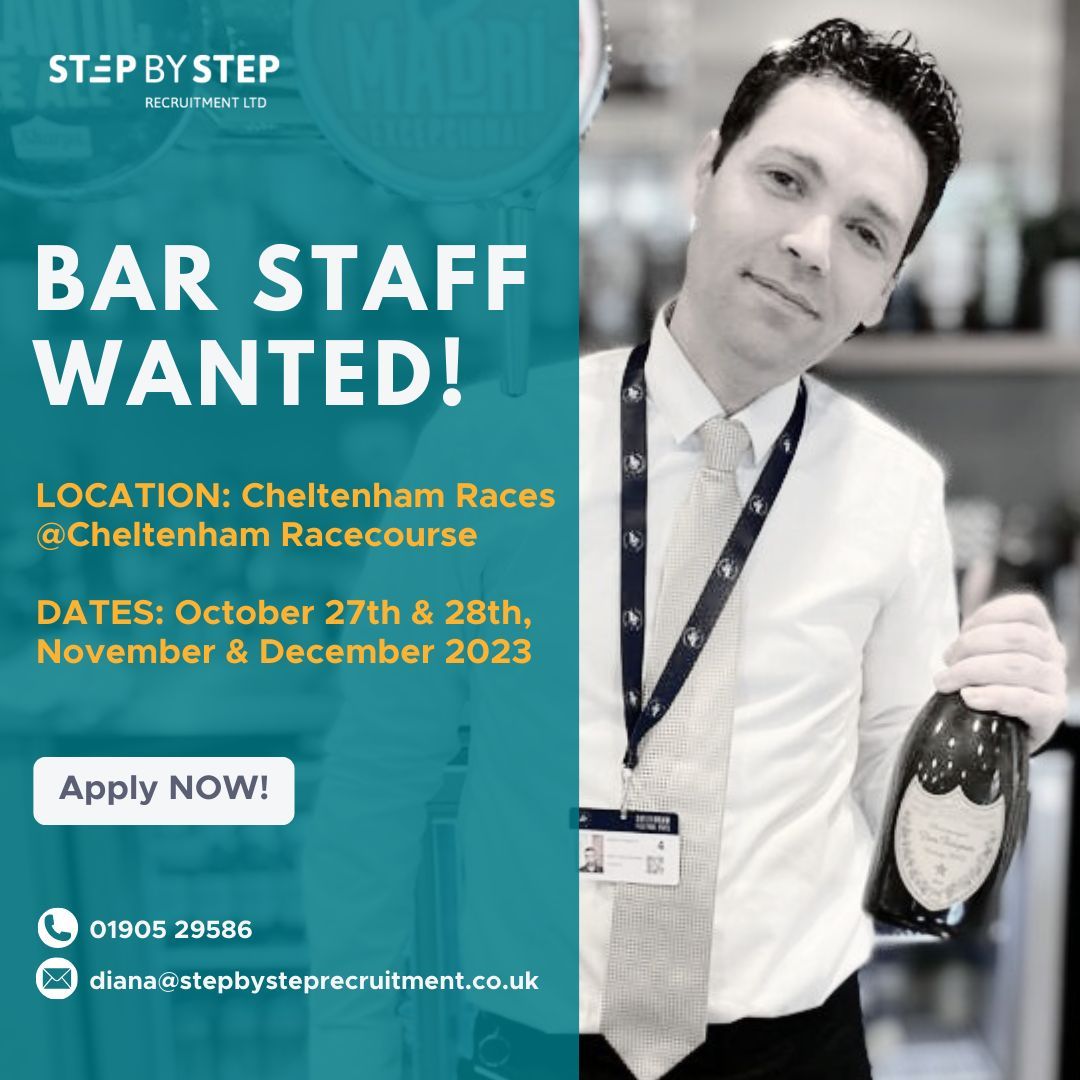 RecruitmentSBS's tweet photo. Bar Staff Wanted!❗️We're urgently seeking reliable *Bar Staff* to work at Cheltenham Races! 🏇☑ Dates: Friday 27th &amp; Saturday 28th October - November &amp; December☑ Ideal casual work for students looking to earn around their studies! #WorcestershireHour https://t.co/p176UkGkYQ