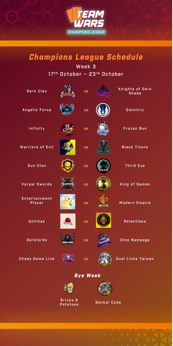 Lots of exciting matches this weekend in Team Wars Season 14. Be sure to check out all the action on our Twitch channel!

If you are not already in our Discord, be sure to join for live and up-to-date information regarding Season 14.

Link: discord.gg/duel-links-tea…