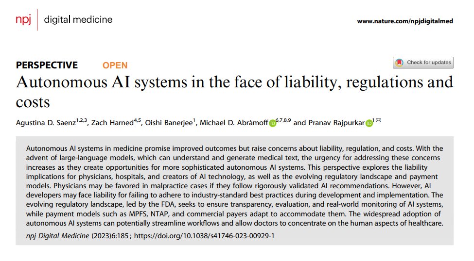 Clinical Informatics | Mass General Brigham (@massgenbrigci) on Twitter photo 🆕 <a href="/npjDigitalMed/">npj Digital Medicine</a> perspective led by <a href="/MassGenBrigham/">Mass General Brigham</a> Clinical Informatics fellow Agustina Saenz MD MPH describes the liability, regulations, and costs of autonomous AI systems in healthcare
nature.com/articles/s4174… 🆕 <a href="/npjDigitalMed/">npj Digital Medicine</a> perspective led by <a href="/MassGenBrigham/">Mass General Brigham</a> Clinical Informatics fellow Agustina Saenz MD MPH describes the liability, regulations, and costs of autonomous AI systems in healthcare
nature.com/articles/s4174…
