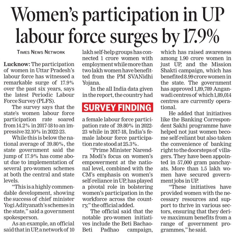 #UttarPradesh
#Women’s participation in UP labour force surges by 17.9%

#LabourForce 
Read more at: