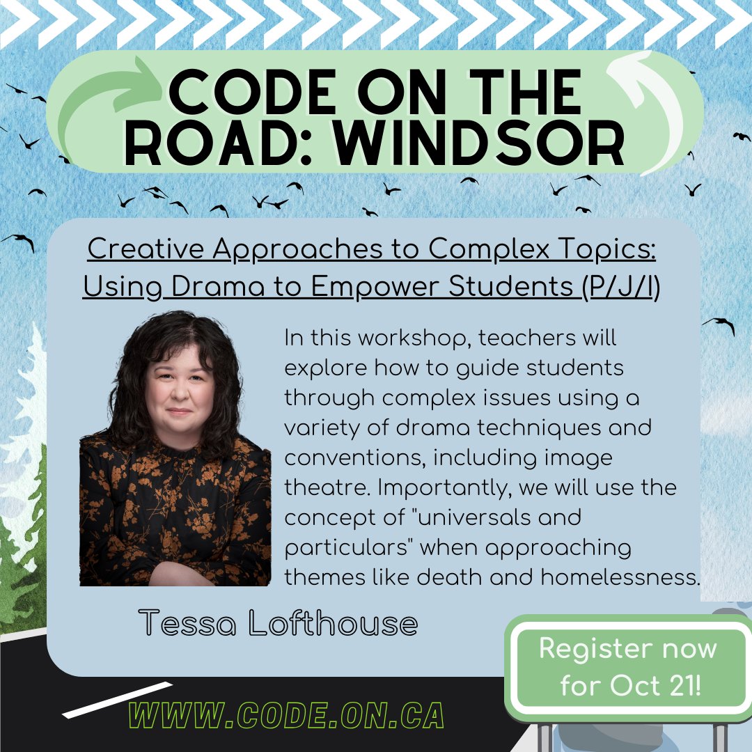 dramadancecode's tweet image. 📢 Meet our final three workshop presenters for #CODEontheROAD conference in Windsor&apos;s #dramaeducation track.

Join us Saturday October 21st 🗓 for a day of drama and dance and the sharing of ideas.

#theatreeducation #dramaeducation #teacherconference #ontarioteachers