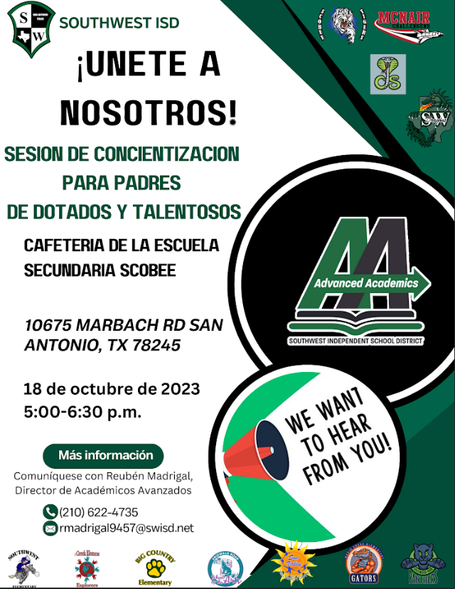 SWISD Advanced Academics & GT (@swisd_aagt) on Twitter photo SWISD Community! Join us for our 1st GT Parent Awareness session on Wednesday, October 18th, 2023 from 5-6pm at Scobee MS. We will be discussing our GT Referral and Identification process and what it means to be GT at SWISD.<a href="/swisd/">Southwest ISD</a> SWISD Community! Join us for our 1st GT Parent Awareness session on Wednesday, October 18th, 2023 from 5-6pm at Scobee MS. We will be discussing our GT Referral and Identification process and what it means to be GT at SWISD.<a href="/swisd/">Southwest ISD</a>