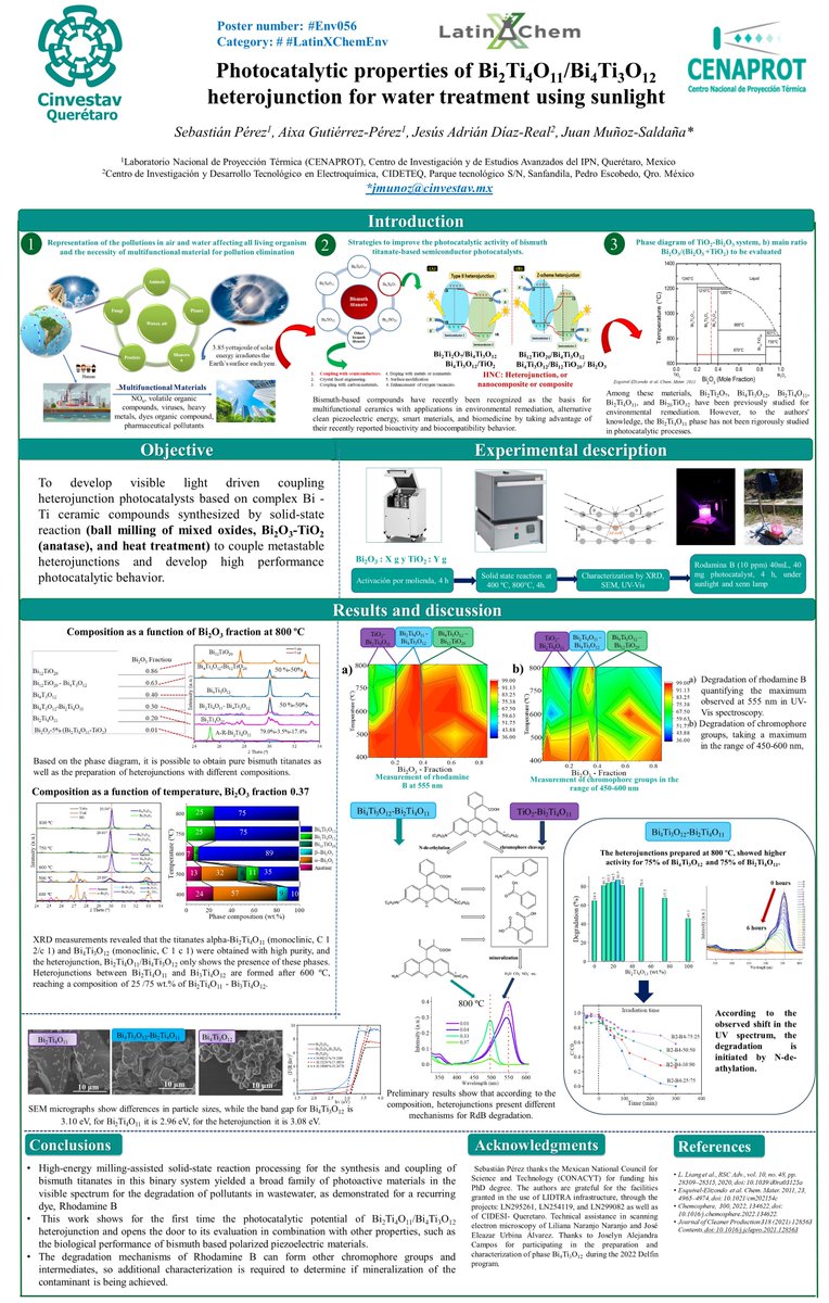 Hi, <a href="/LatinXChem/">LatinXChem</a>, I´m Sebastián Pérez, presenting my work ‘Photocatalytic properties of Bi2Ti4O11/Bi4Ti3O12 heterojunction for water treatment using sunlight’ at #LatinXChem23 #LatinXChemEnv #Env056, #Materials, #Photocatalysis, #waterTreatment.