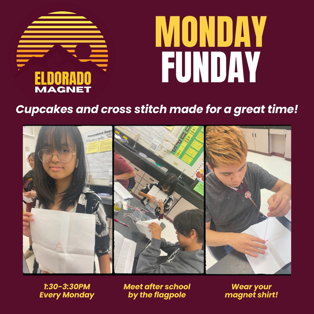 Cupcakes and cross stitch on this Magnet Monday made for a great time. Don't miss out on next week when we will have fun with POPCORN and PUMPKINS! (We will eat the popcorn and paint the pumpkins.) Wear your magnet shirt! @EHS_SparkyPride #MagnetMonday