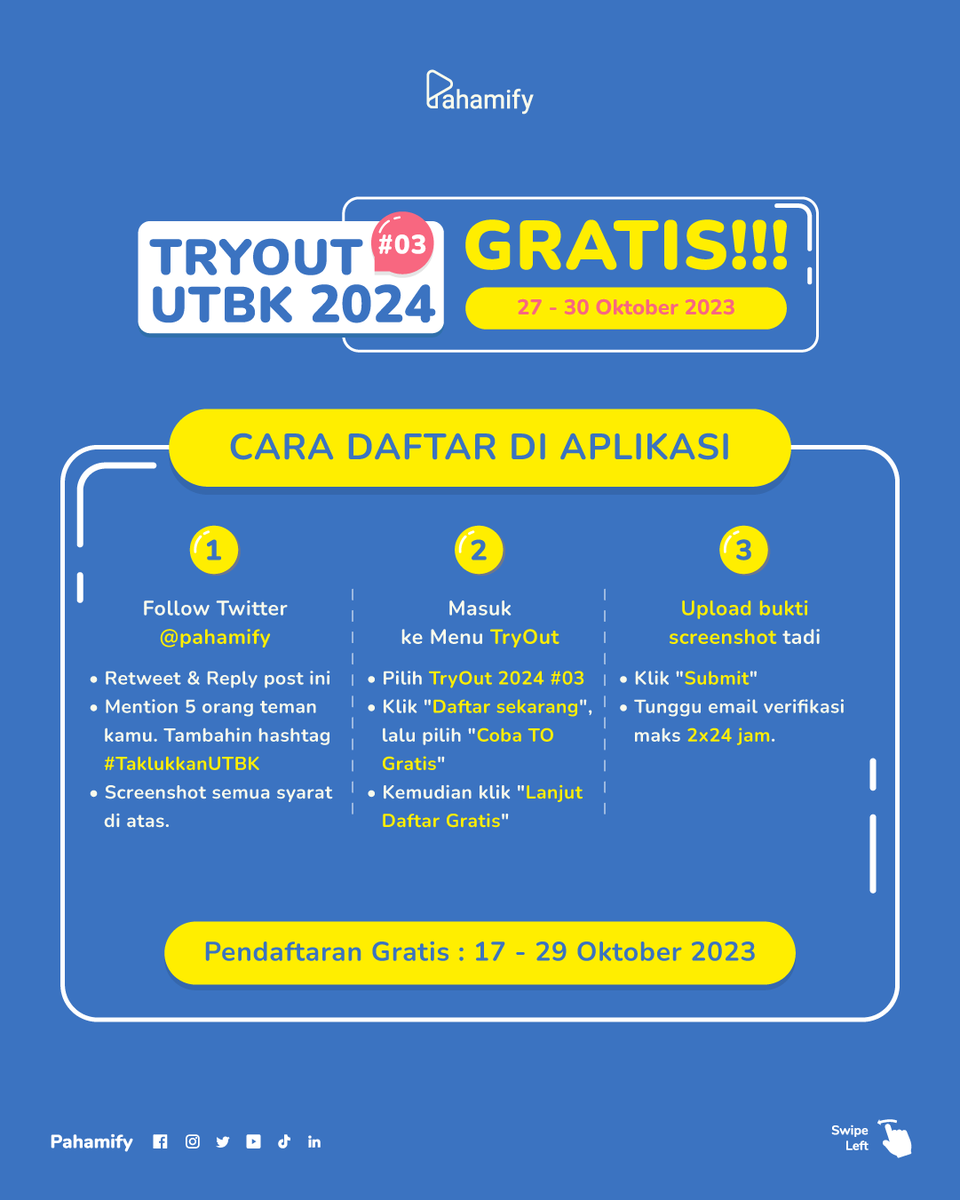 Cara daftar TO GRATIS Pahamify:
1⃣Follow Pahamify, RT &amp; reply tweet paling atas
2⃣MENTION 5 temanmu dan ajak ikutan TO, kasih hashtag #TaklukkanUTBK
3⃣SS persyaratan 1 &amp; 2
4⃣Daftar TO #03 di app/web tryout.pahamify.com
5⃣Submit persyaratannya
6⃣Tunggu proses verif 2x24 jam