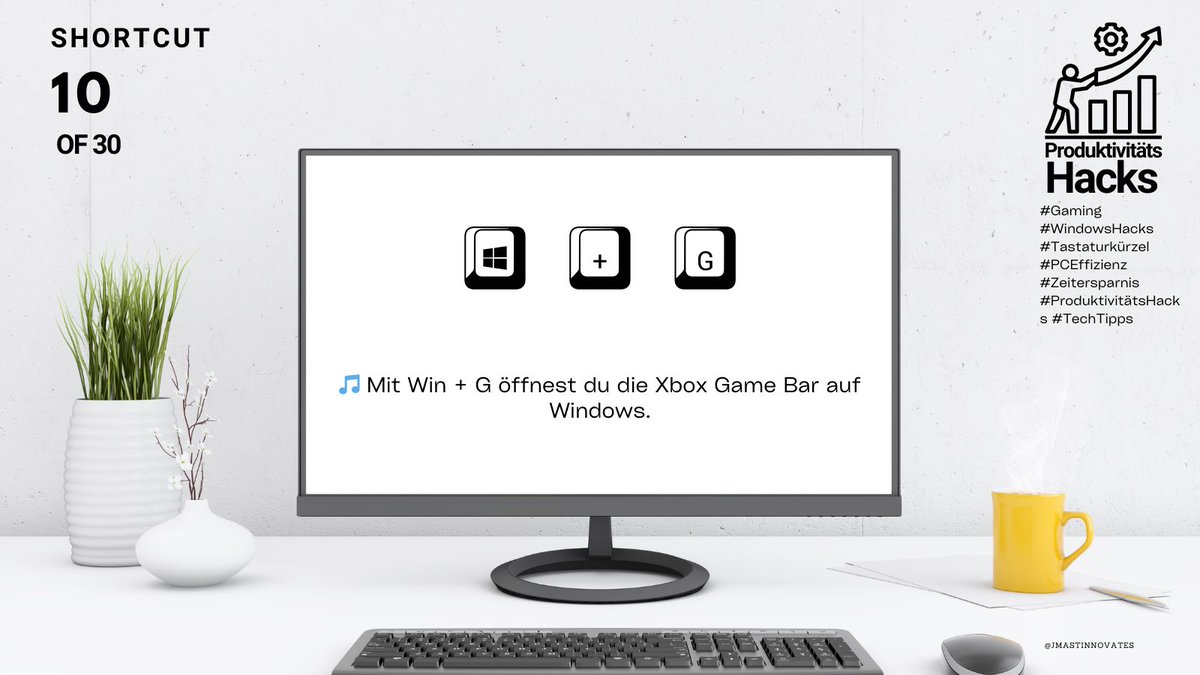 JMastInnovates's tweet image. 🎵 Mit Win + G öffnest du die Xbox Game Bar auf Windows. #Gaming #WindowsHacks #Tastaturkürzel #PCEffizienz #Zeitersparnis #ProduktivitätsHacks #TechTipps