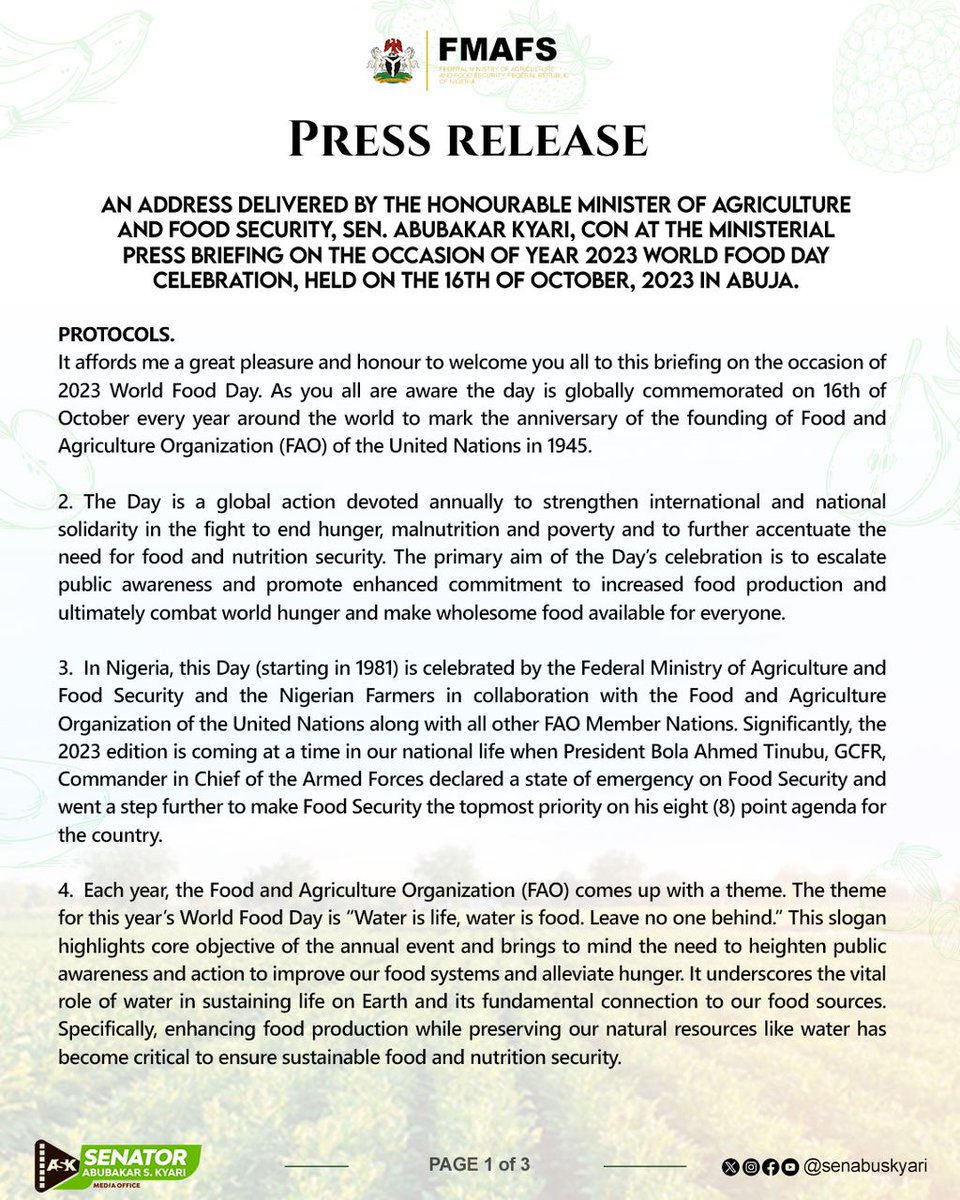 MarufAjenifuja's tweet photo. PRESS RELEASE
16/10/2023
Full Speech Of The Honourable Minister of Agriculture and Food Security On World Food Day Celebration.
#WorldFoodDay #FMAFSWithKyari
@deinamayaki @SAPZ4FeedAFRICA @OpeBee https://t.co/1IYfHJ45W2