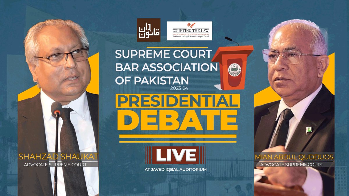 theqanoondan's tweet photo. Qanoondan and Courting The Law are planning a debate between the candidates for President of the Supreme Court Bar Association of Pakistan. 

Excited? Do you want to see this debate happen? 

Are there any specific topics or questions you'd like to see addressed?

Your input can make this debate a success!

#SCBAPElectionDebate