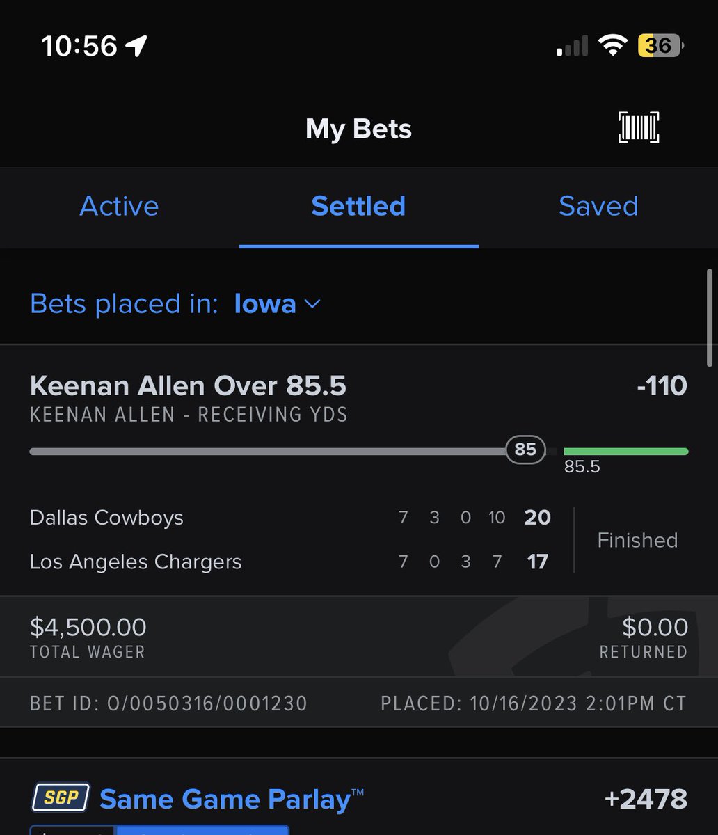 GamblinMoran's tweet photo. @chargers @espn @badbeatSVP @FDSportsbook 

I’ve gambled over $80,000 of bets this NFL season..

Made my largest individual wager ever on Keenan Allen tonight…

Keenan Allen got an 8 yard reception on the last drive, then I saw a flag, and parsons was offsides…. They accepted https://t.co/hzHvToTdPv