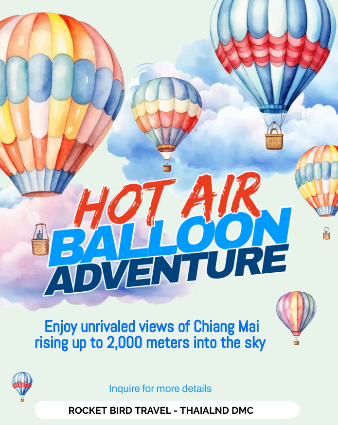 HOT AIR BALLOON ADVENTURE #CHIANGMAI
#UnrivaledViews #RisingintheSky #2000meter #Sunset #Sunrise #Champagne #Softdrink #Tea #Coffee #EnglishSpeakingPilot #Insurance #360degreepanoramicview #Lifetimeexperience

Inquire today for your next trip to Chiang mai
#ROCKETBIRDTRAVEL