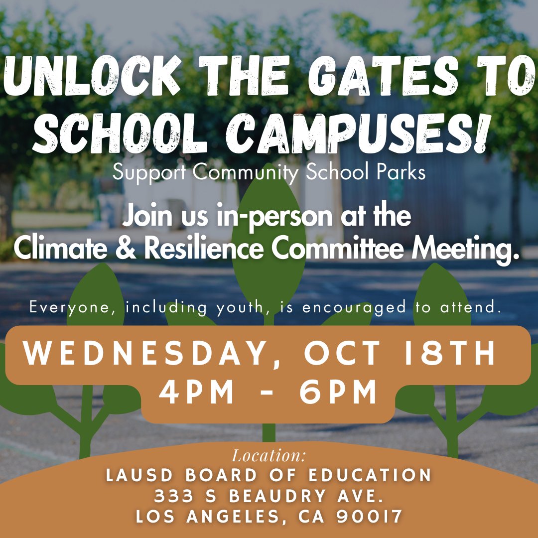 🌳 Unlock the gates to school campuses so communities that need them most can access school grounds for programming and recreation during non-school hours! 
Join us in-person and for public comment next week for the Climate and Resilience Committee Meeting on 10/18 from 4-6pm.